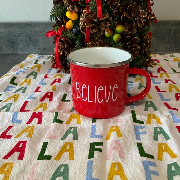 Red Enamel Holiday Mug, White Enamel Interior, White Lettering Believe New - Picture 1 of 5